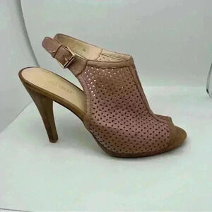 Nine West Leather stack Wooden Heel Peep Toe Sandal with Heel Strap and Buckle